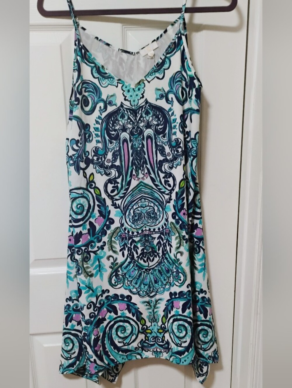 C White Slip Dress with Teal, Navy and Purple Paisley